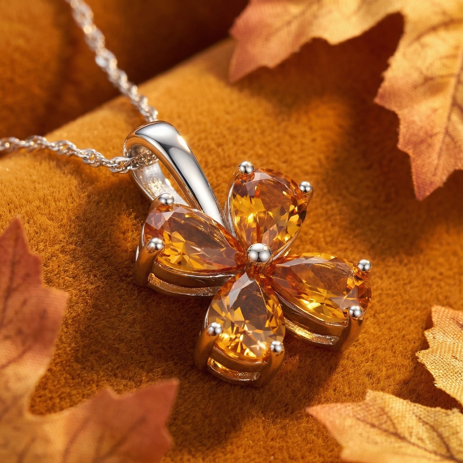 Close-up of an S925 sterling silver floral necklace featuring four pear-cut simulated topaz stones in a prong setting.