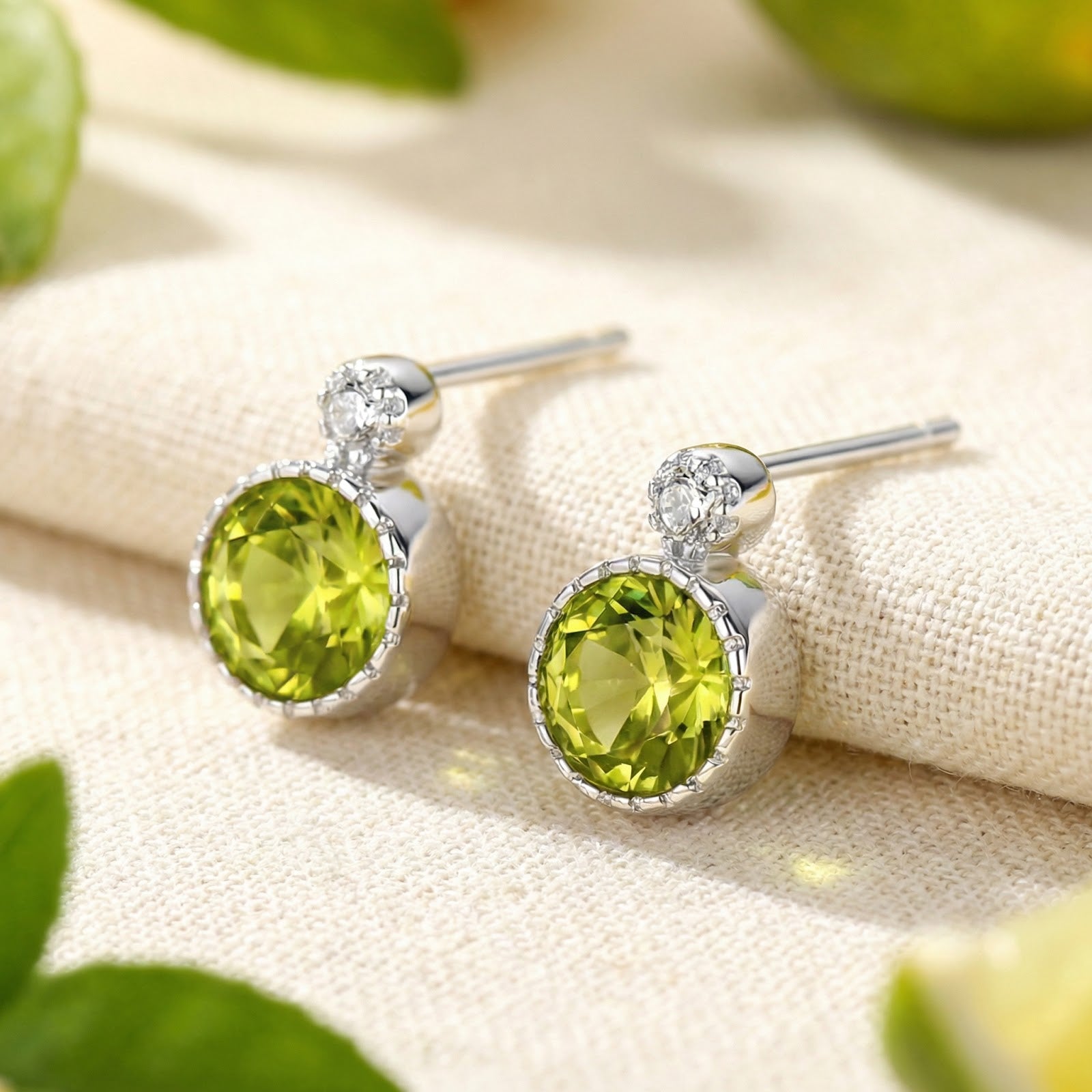 Round simulated peridot stud earrings in sterling silver with clear accent stones on a textured lifestyle background.