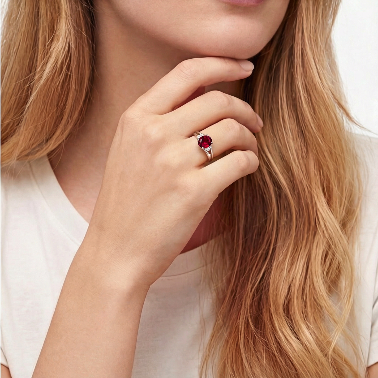 Close-up of a round simulated ruby crossover ring in sterling silver worn on a model's hand.
