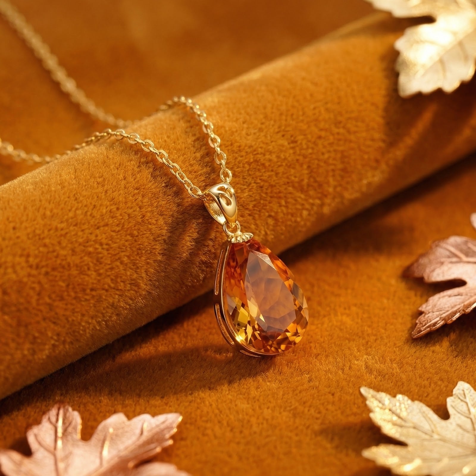 Macro shot of the teardrop cut simulated topaz pendant in 18K gold vermeil resting on brown velvet.