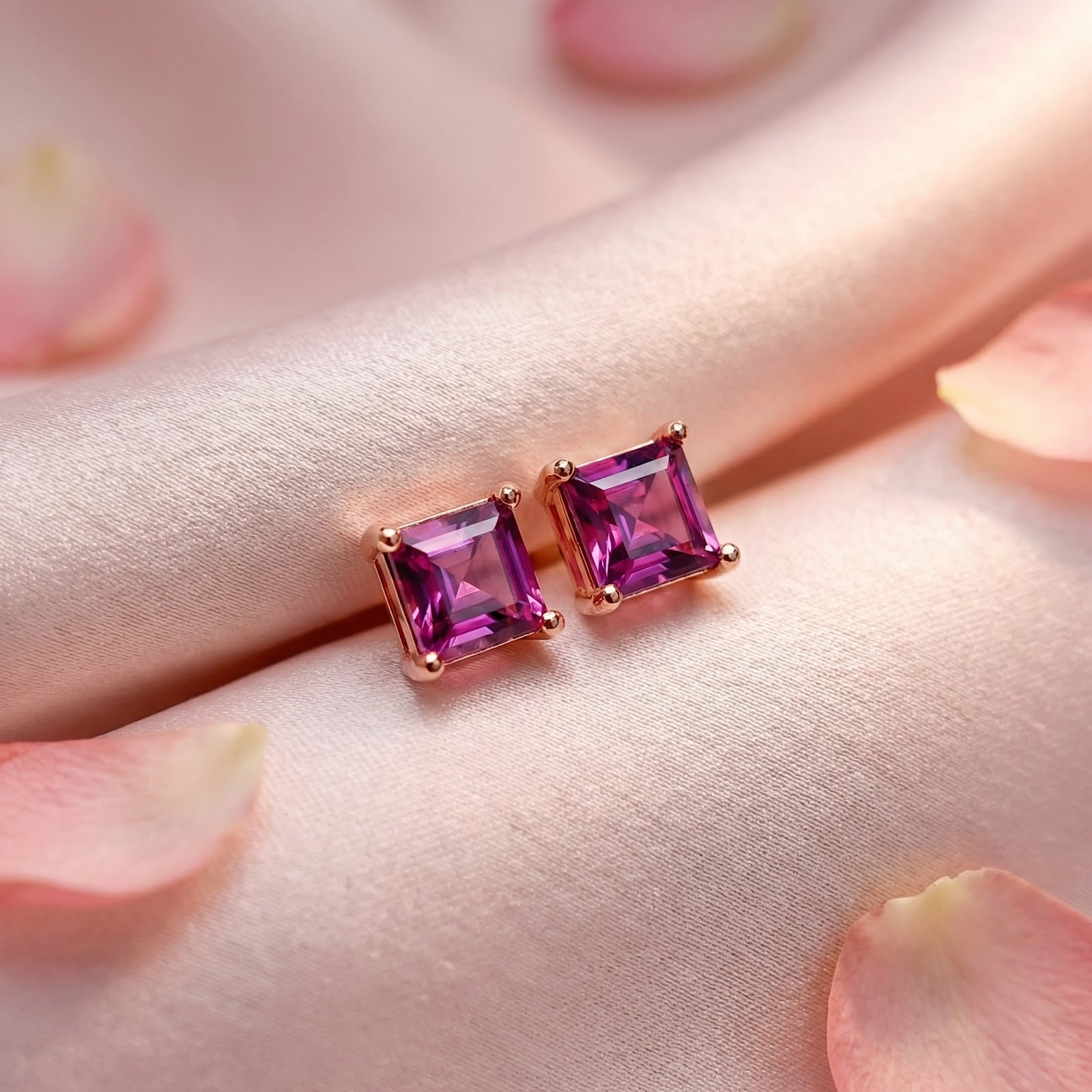 Square simulated pink tourmaline earrings in 18K rose gold vermeil on pink silk with rose petals.