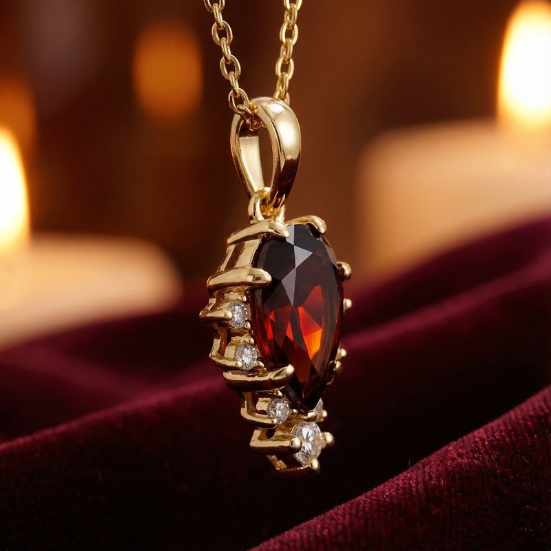 Teardrop red garnet necklace in 18K gold vermeil hanging against a warm, candlelit background.