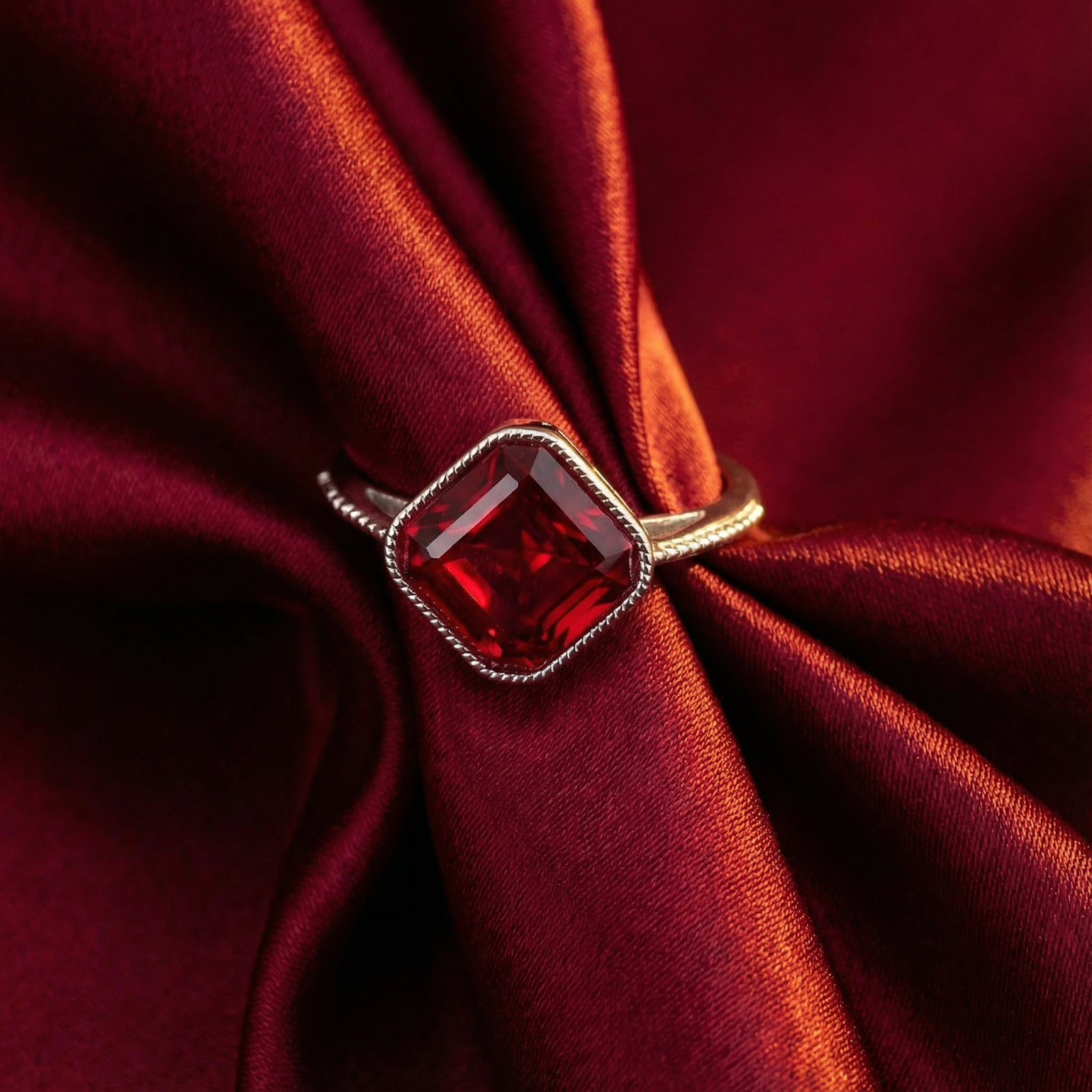 Square-cut simulated ruby ring in S925 sterling silver resting on draped red silk fabric.