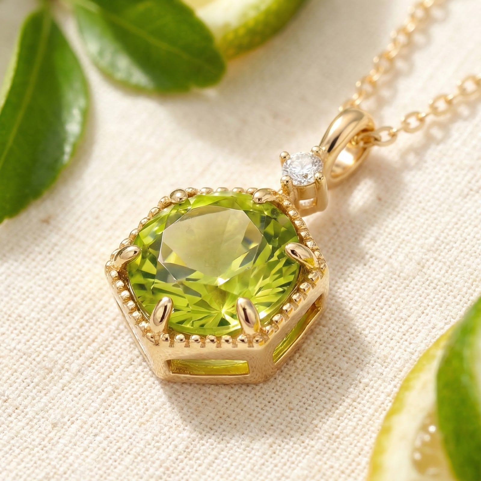 Side view of the Belenis Hex necklace in 18K gold vermeil showing the detailed setting and simulated peridot stone.