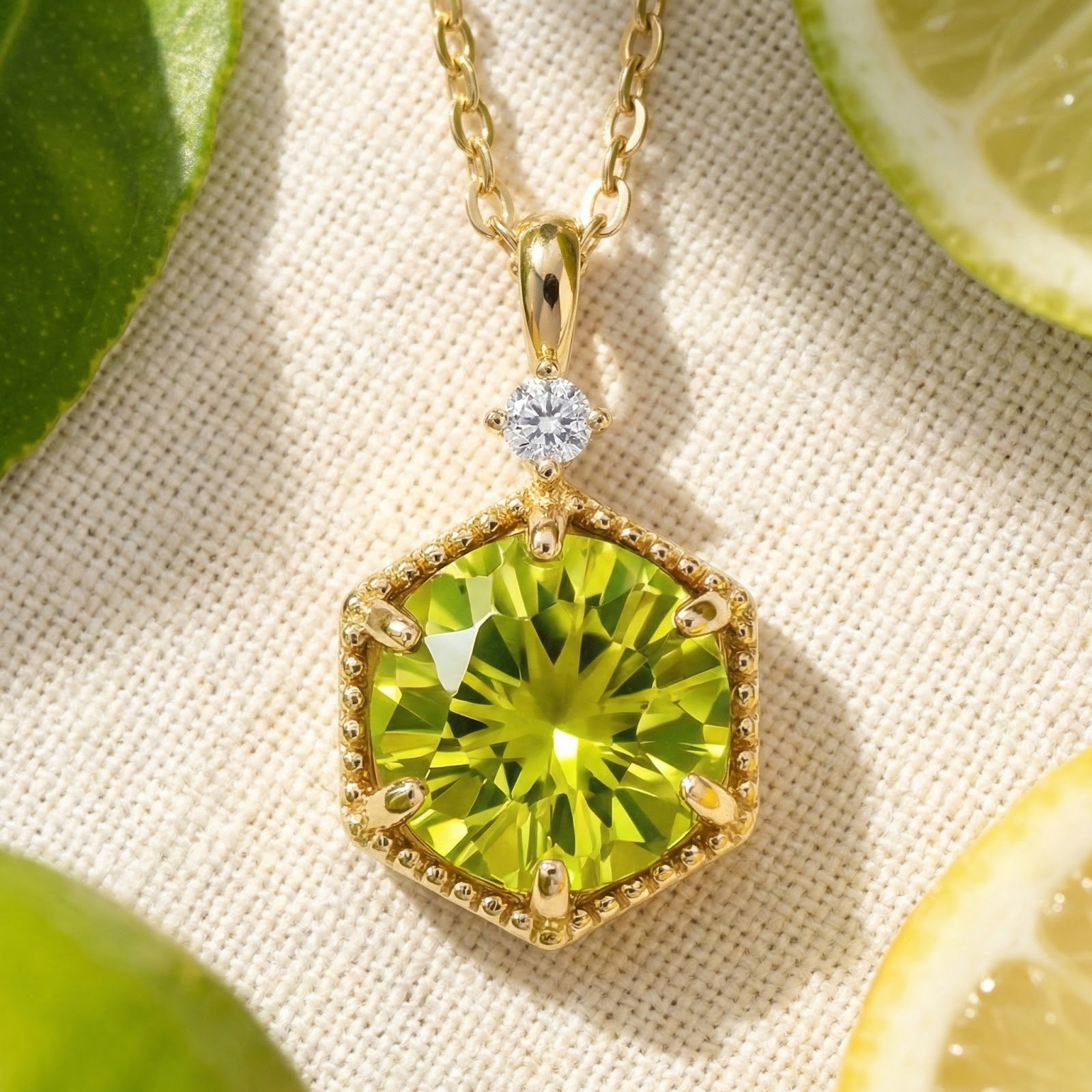 Hexagonal simulated peridot necklace in 18K gold vermeil on a textured background with lime slices.