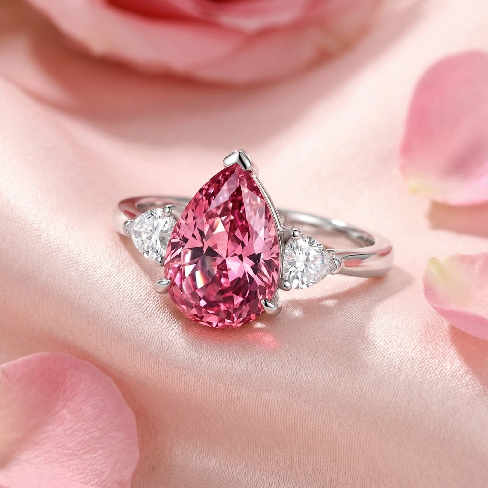 Frontal macro of a pear-cut simulated pink tourmaline S925 sterling silver ring on pink silk with rose petals.