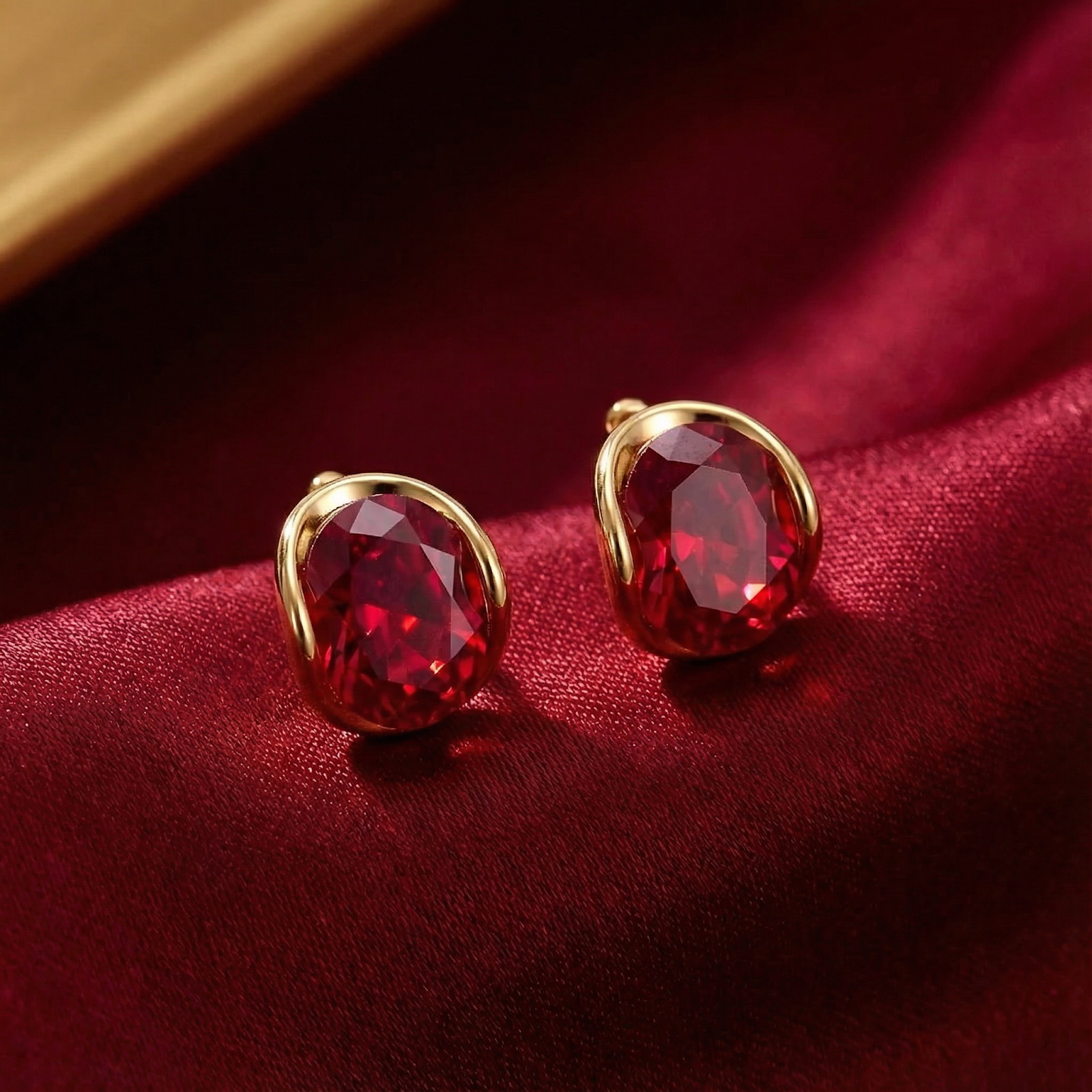 Oval-cut simulated ruby stud earrings in 18K gold vermeil displayed on luxurious red silk fabric.