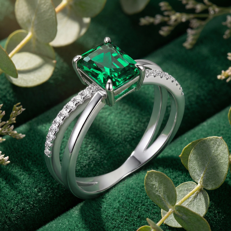 Angled detail of the S925 sterling silver Sylvana Twist Ring showing the emerald cut green simulated emerald.