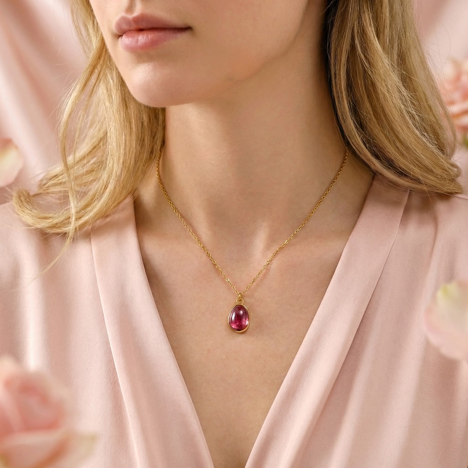 Woman wearing the gold-finished stainless steel teardrop necklace with a pink tourmaline stone.