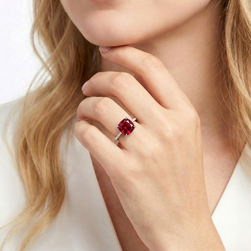 Model wearing the Ellynne cushion-cut simulated ruby ring in S925 sterling silver on her ring finger.