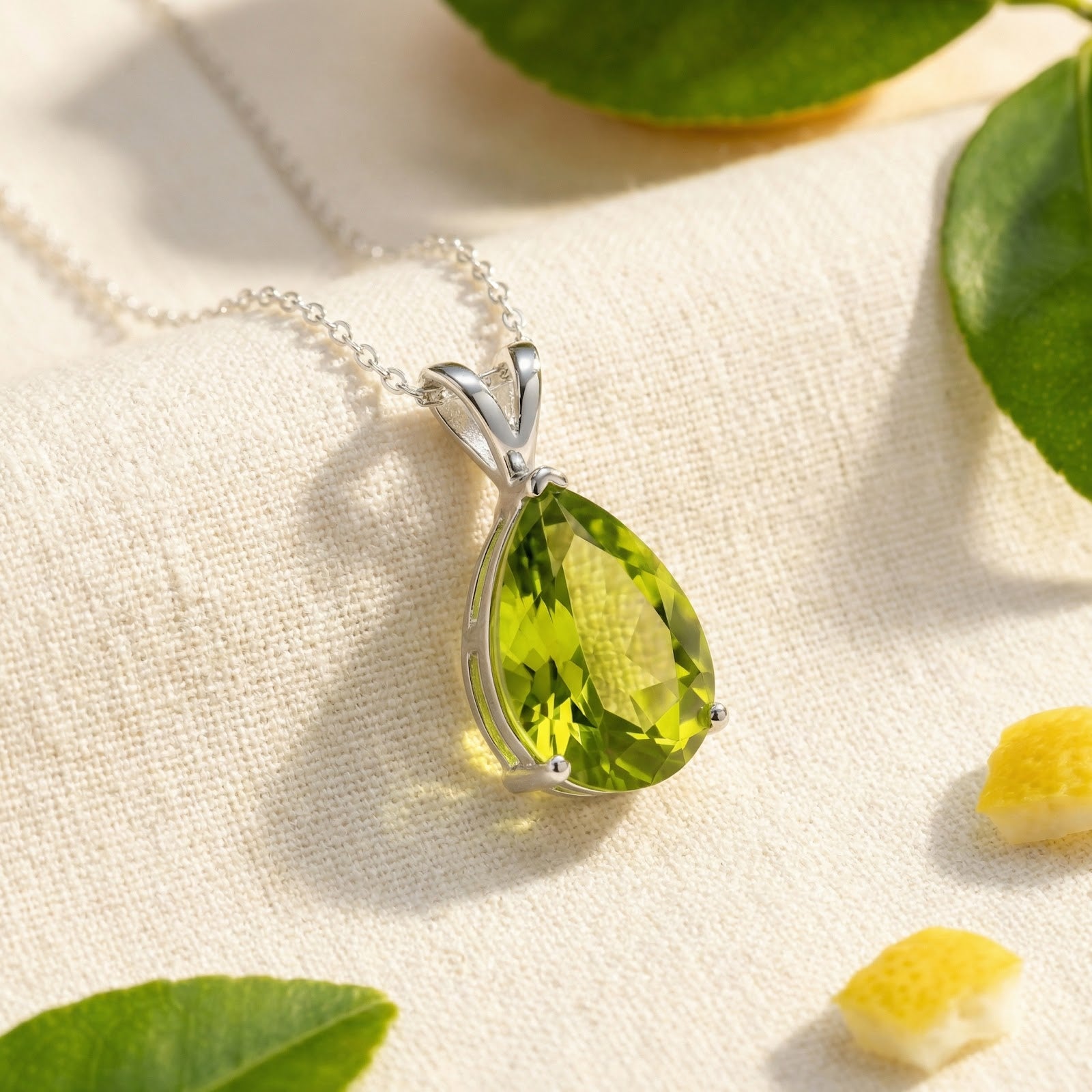 Pear-cut green moissanite necklace in sterling silver styled with citrus leaves on a linen background.