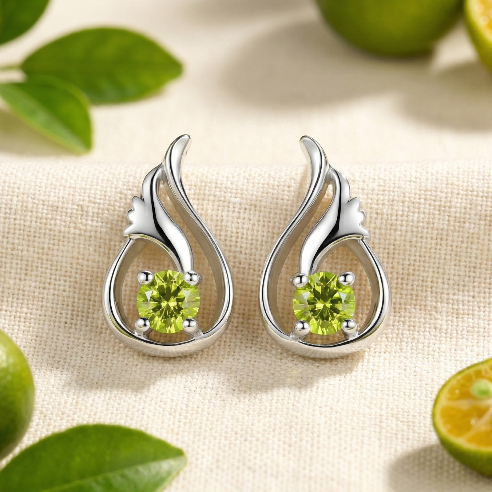 Frontal view of S925 sterling silver tulip bud earrings with round simulated peridot stones on a lifestyle background.
