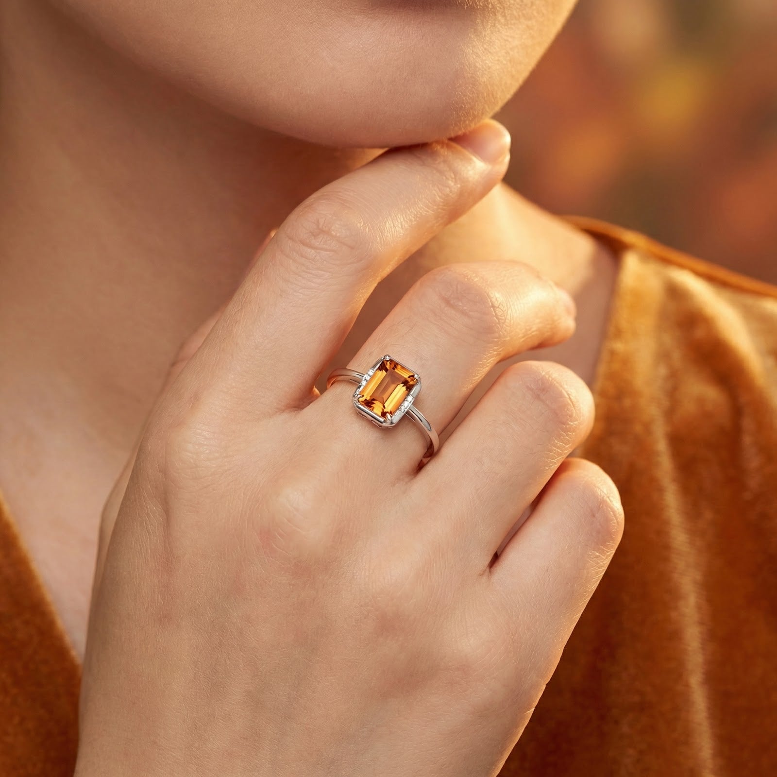Octagon-cut simulated topaz ring in sterling silver worn on a woman's hand.