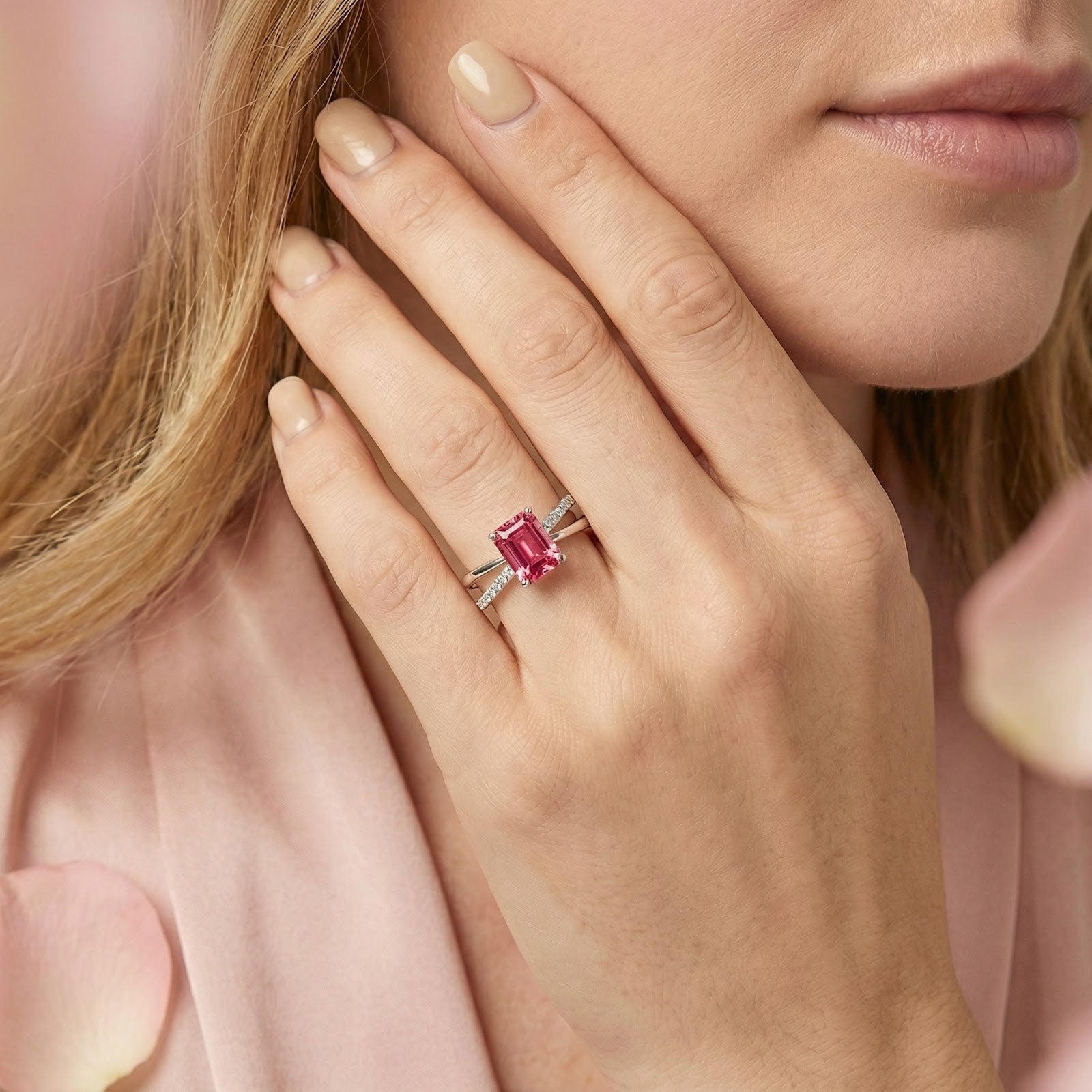 Model wearing the Elisenne radiant-cut pink tourmaline sterling silver ring on her ring finger.