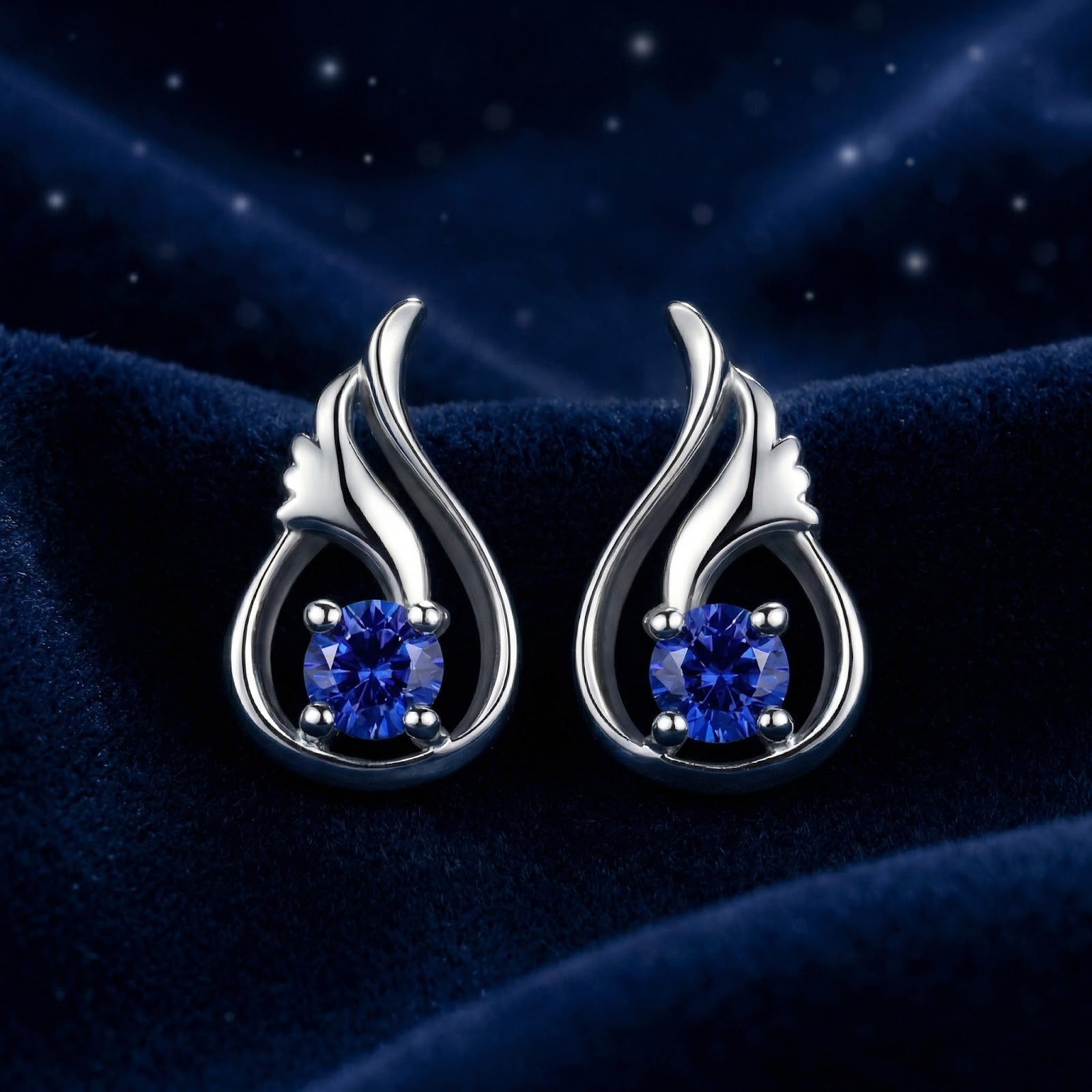 Lysaria Bud sterling silver earrings with round-cut blue simulated sapphires on a dark blue velvet background.