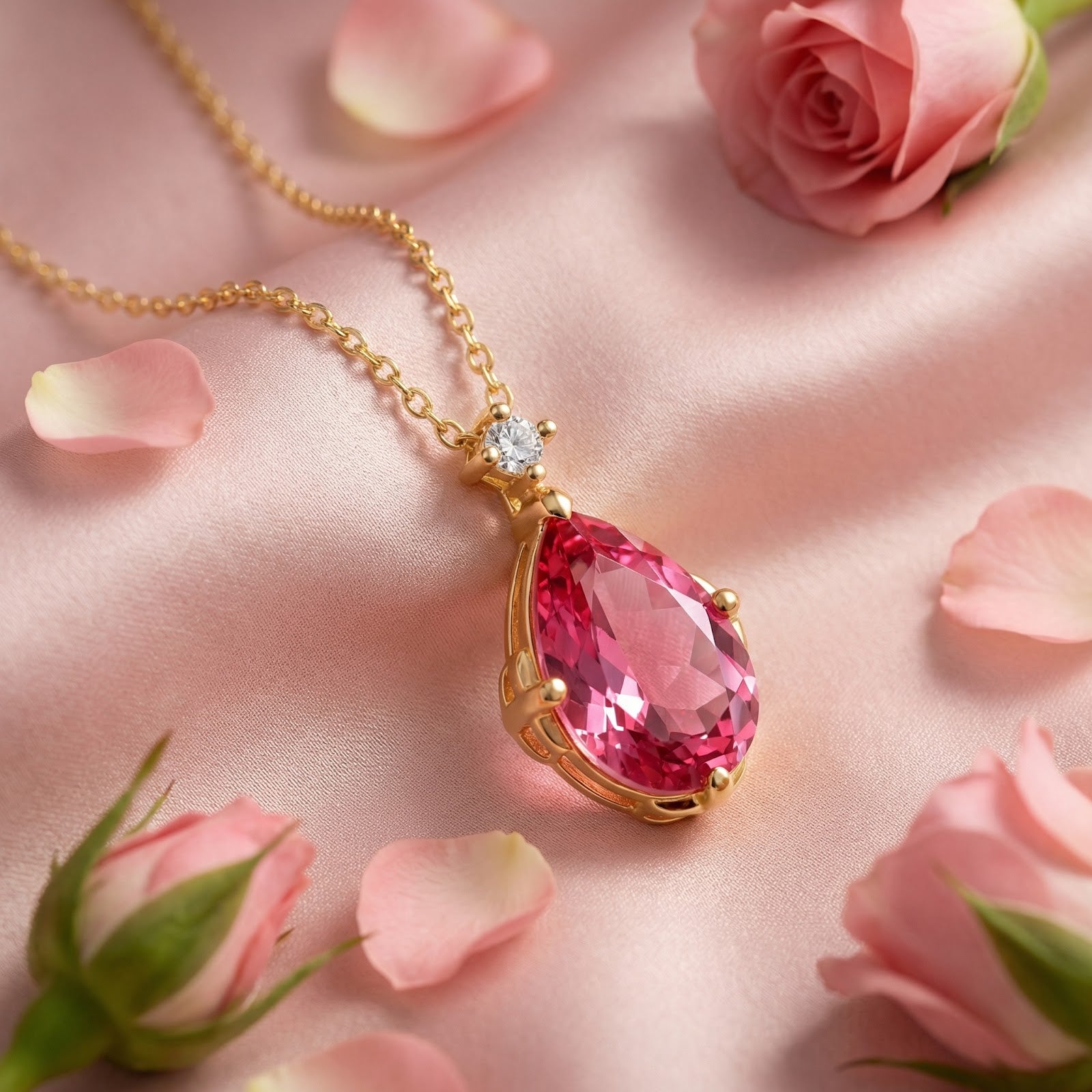 Close-up of the pear-cut simulated pink tourmaline pendant and 18K gold vermeil setting with rose petals.