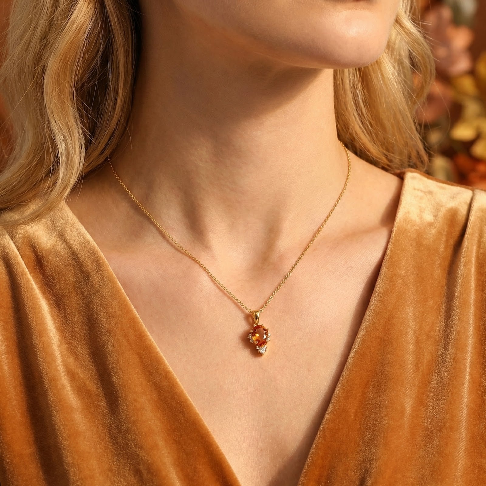 Close-up of the November birthstone pear-cut topaz necklace in 18K gold vermeil worn by a model.