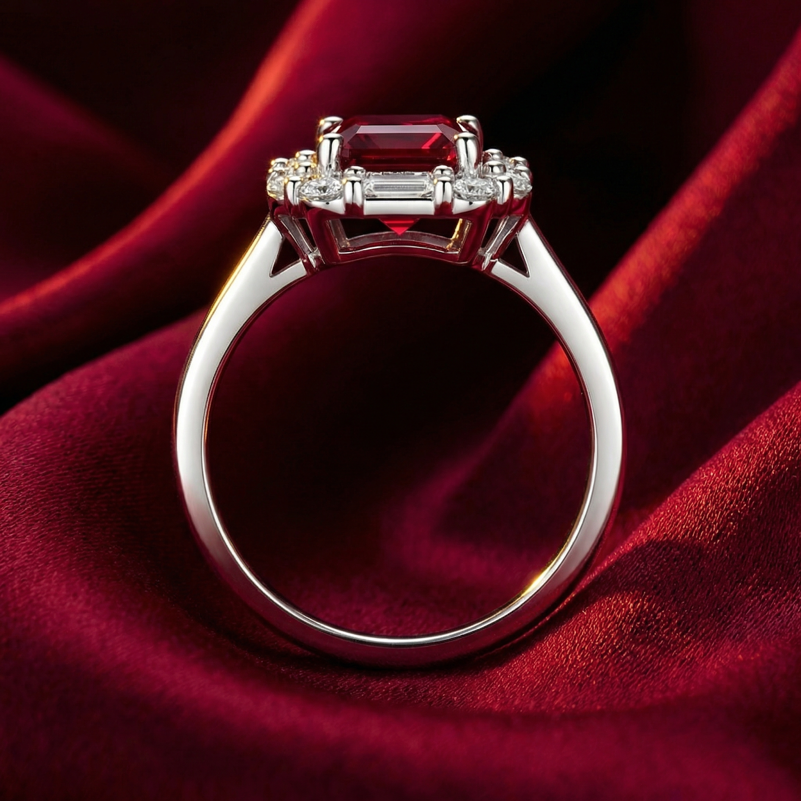 Side profile of the emerald cut simulated ruby ring in sterling silver showing the intricate setting.