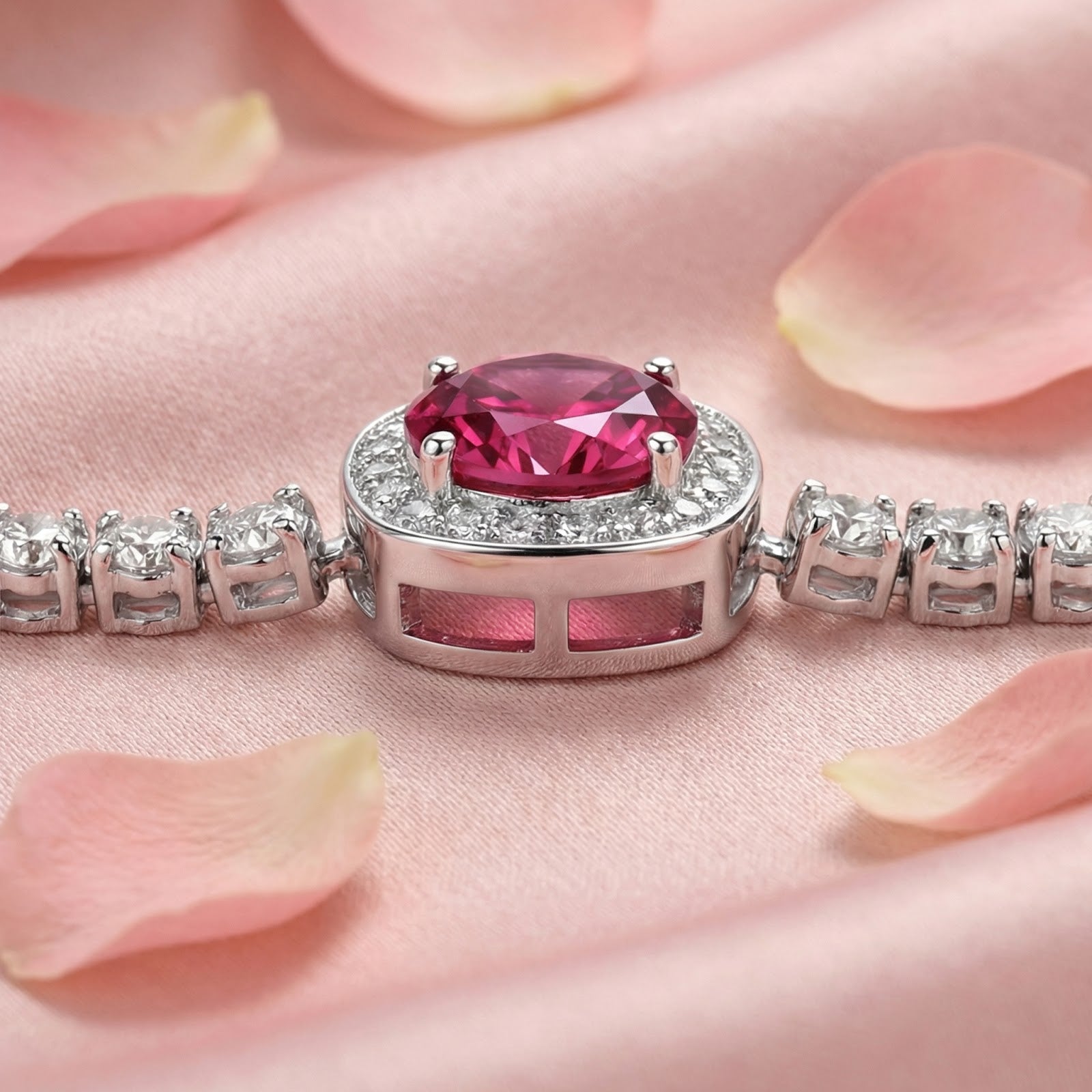 Macro view of the pink tourmaline center stone and diamond halo setting on a silver Elianise bracelet.