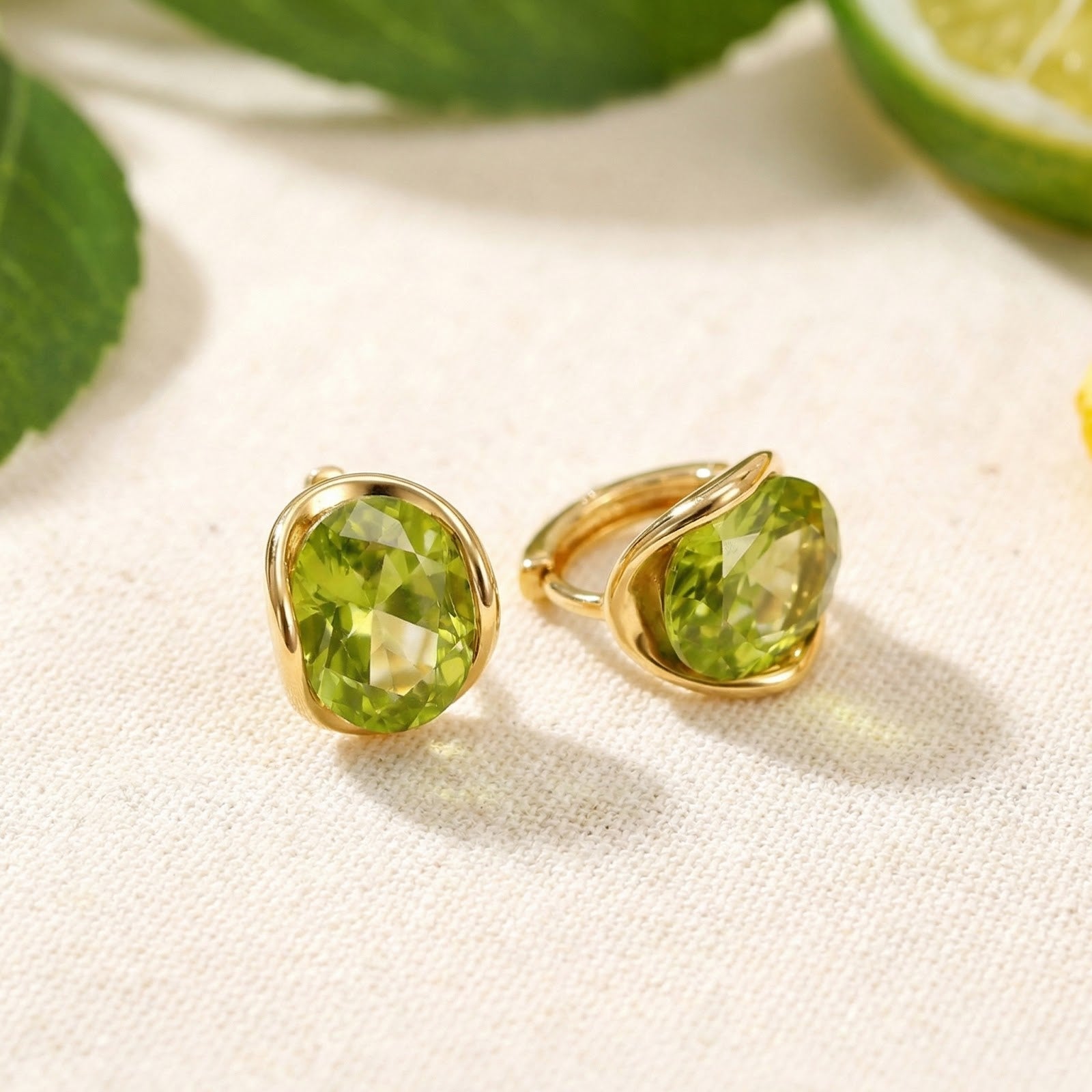 Oval cut simulated peridot earrings in 18K gold vermeil on a textured surface with citrus accents.