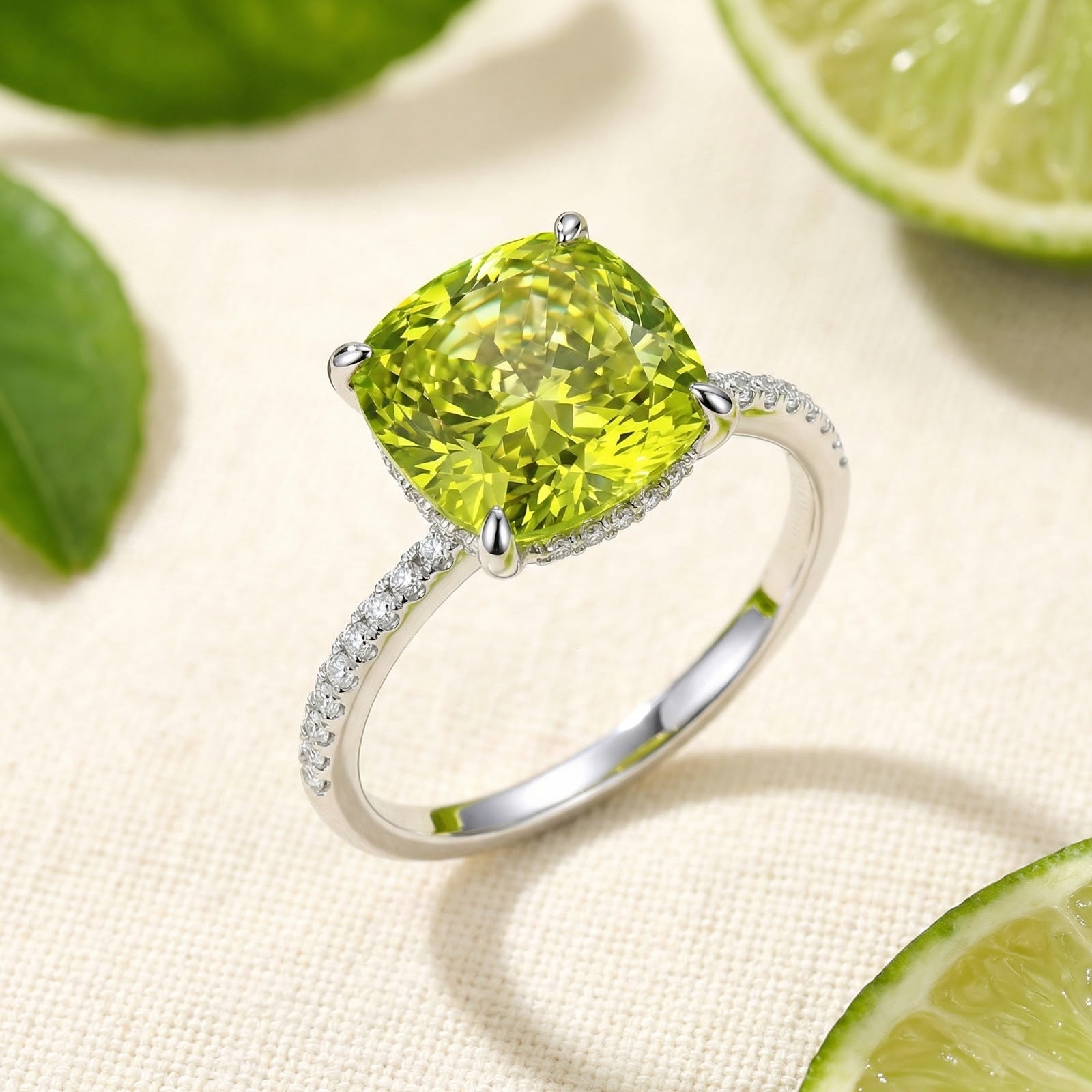 Cushion-cut simulated peridot ring in S925 sterling silver with a pave band, styled with lime slices.