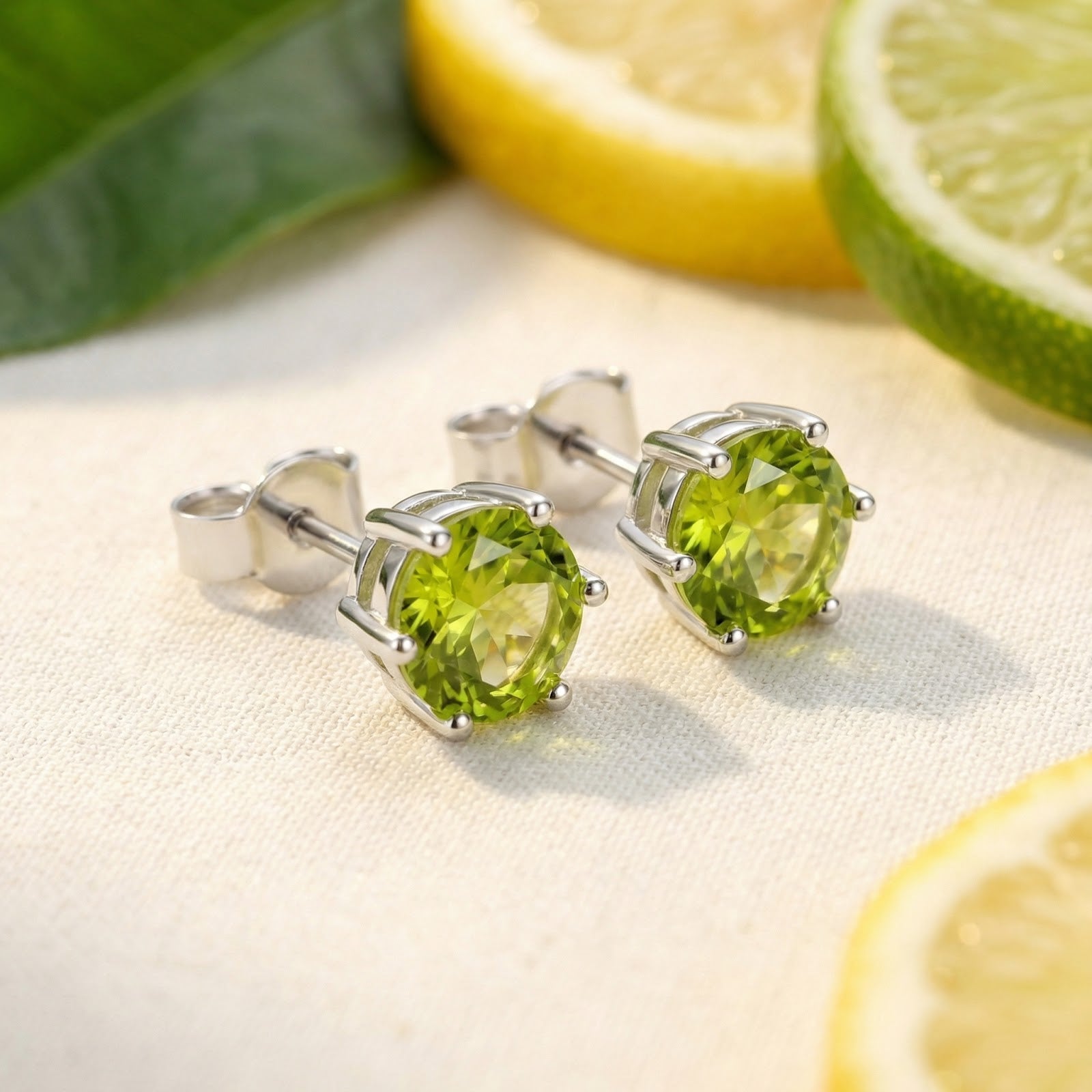 Round-cut simulated peridot stud earrings in sterling silver prong settings on a lifestyle background with citrus.