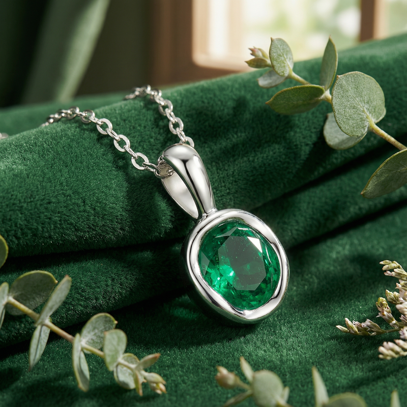 Macro view of a round precision-cut simulated emerald in a silver bezel setting on green velvet.