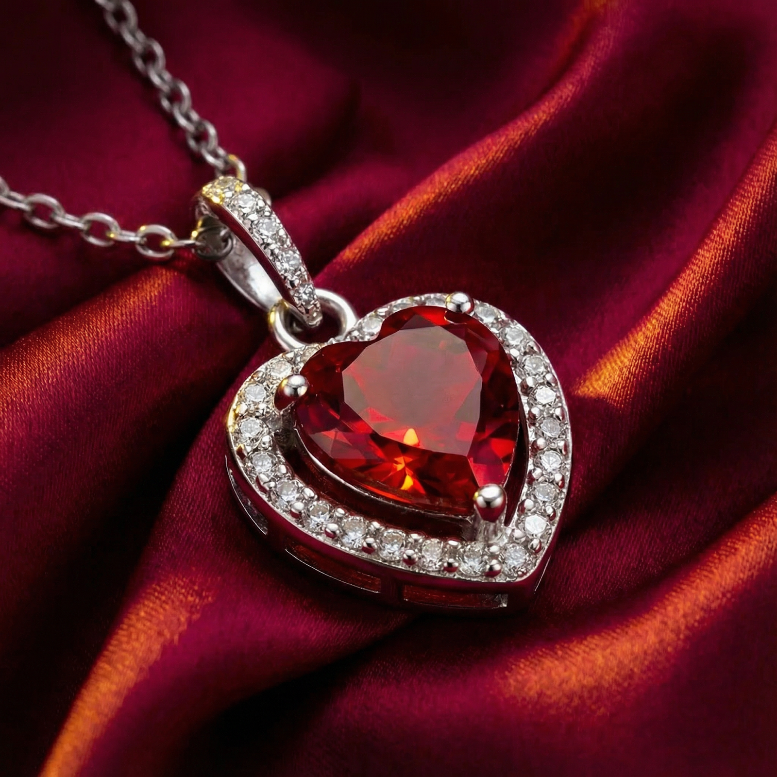 Heart-cut simulated ruby necklace in sterling silver with a halo setting, resting on draped red satin fabric.