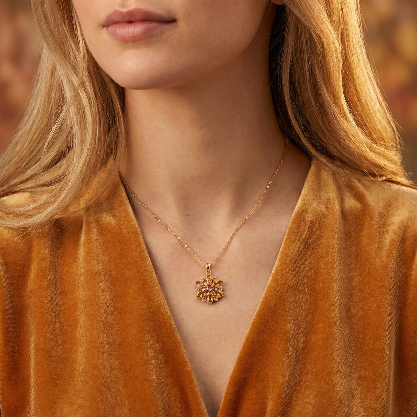 Gold-plated stainless steel flower pendant necklace with yellow simulated topaz worn by a model.