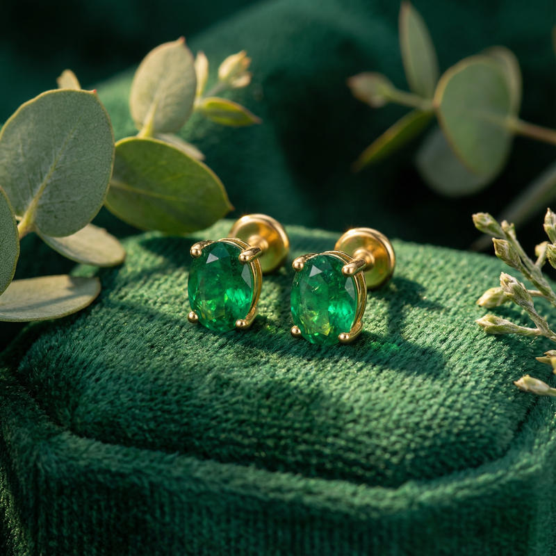Detail view of oval cut simulated emerald stud earrings in 18K gold vermeil on a green velvet jewelry box.