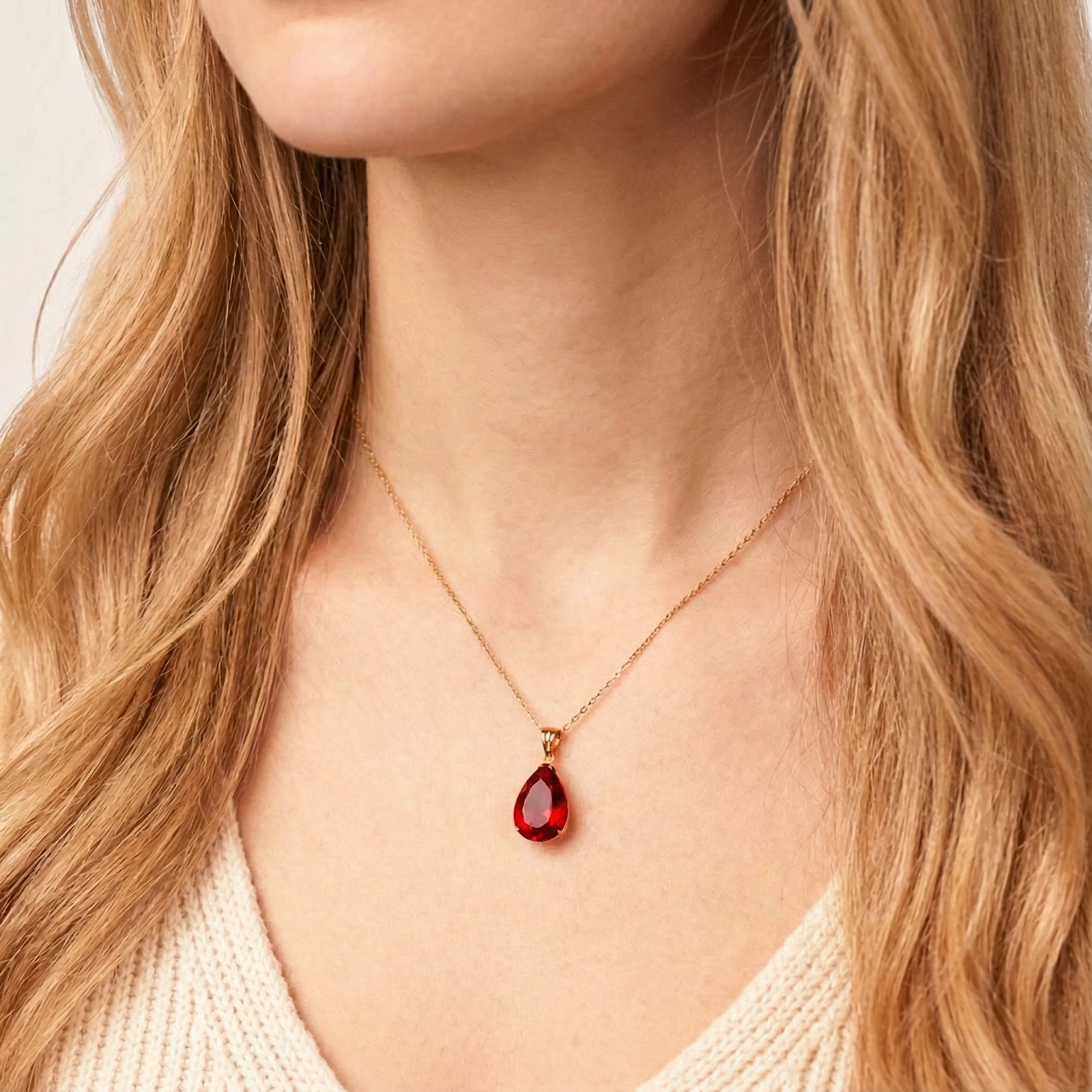 Teardrop simulated ruby necklace in 18K gold vermeil worn by a model to show scale and length.