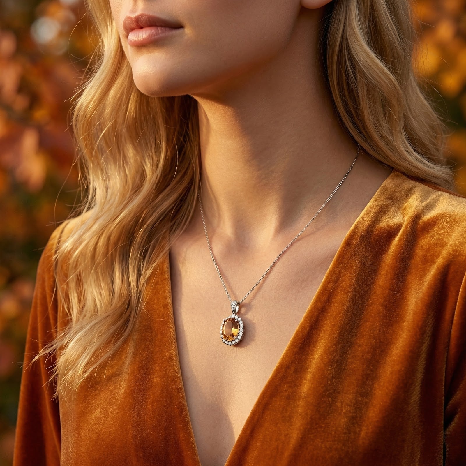Side view of a model wearing the oval-cut simulated topaz halo pendant on a sterling silver chain.