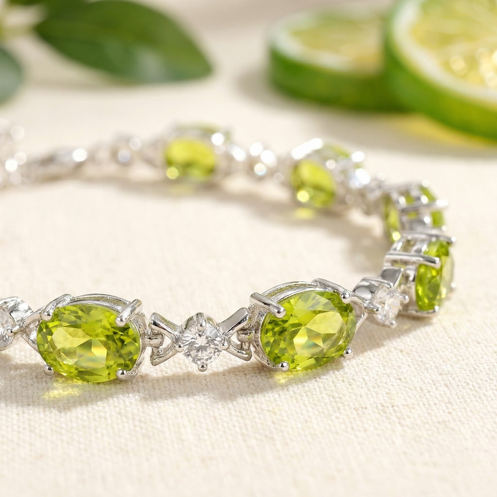 Macro view of oval-cut simulated peridot and round accent stones in a sterling silver tennis bracelet setting.