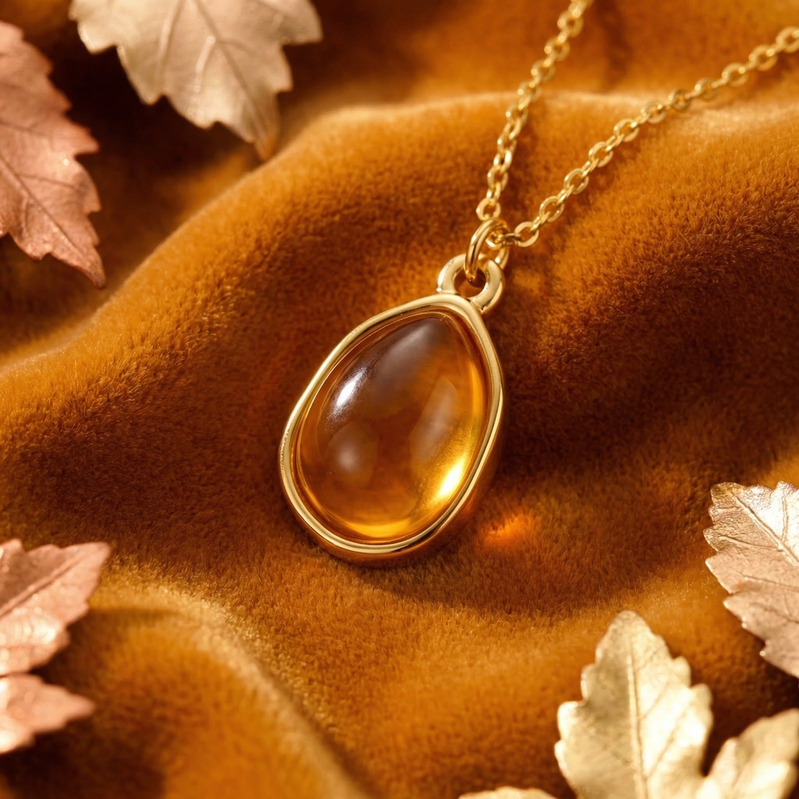 Macro view of a gold finish teardrop pendant with a honey-colored simulated topaz in a bezel setting.
