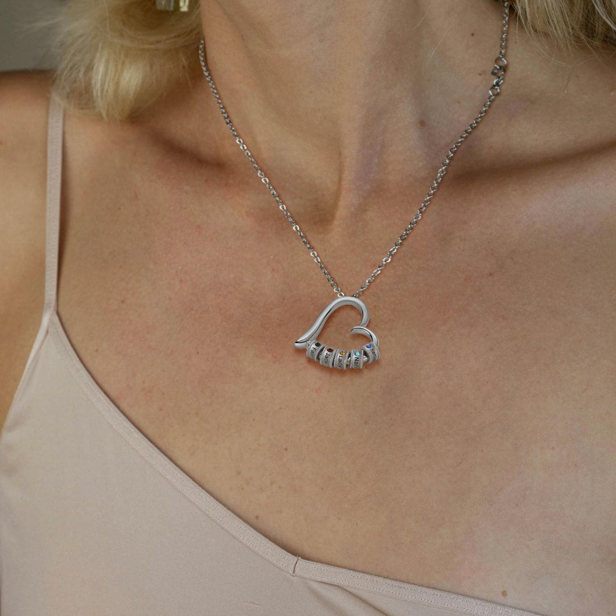 Personalized Family Heart-Shaped Birthstone Necklace with Names - Stainless Steel