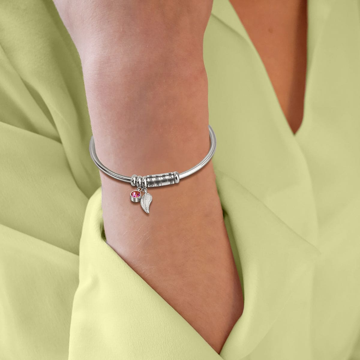 Personalized Birthstone Beads and Family Names Bangle Bracelet - Stainless Steel