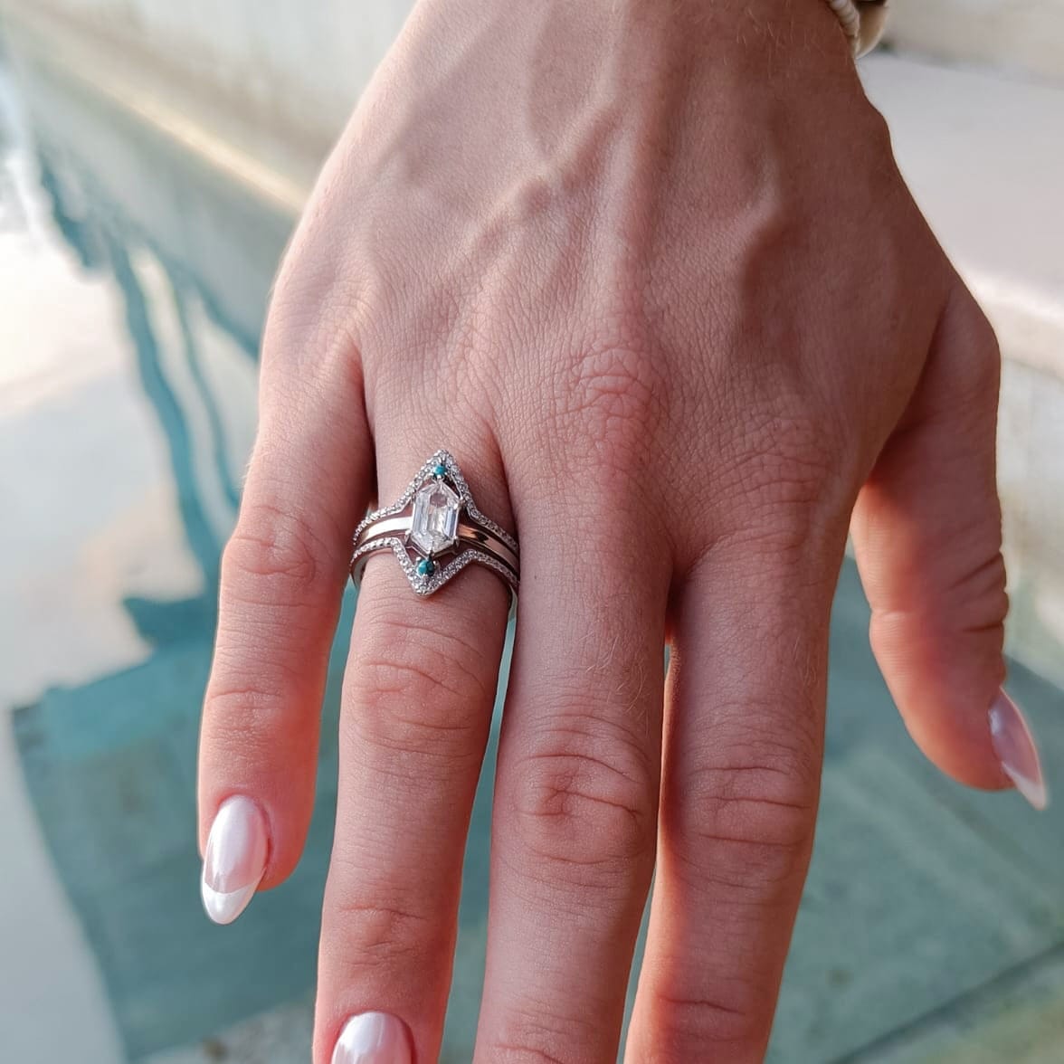 Elegant Calm Waters Turquoise Ring featuring a sterling silver band with big transparent cubic zirconia gemstone close up user generated image review