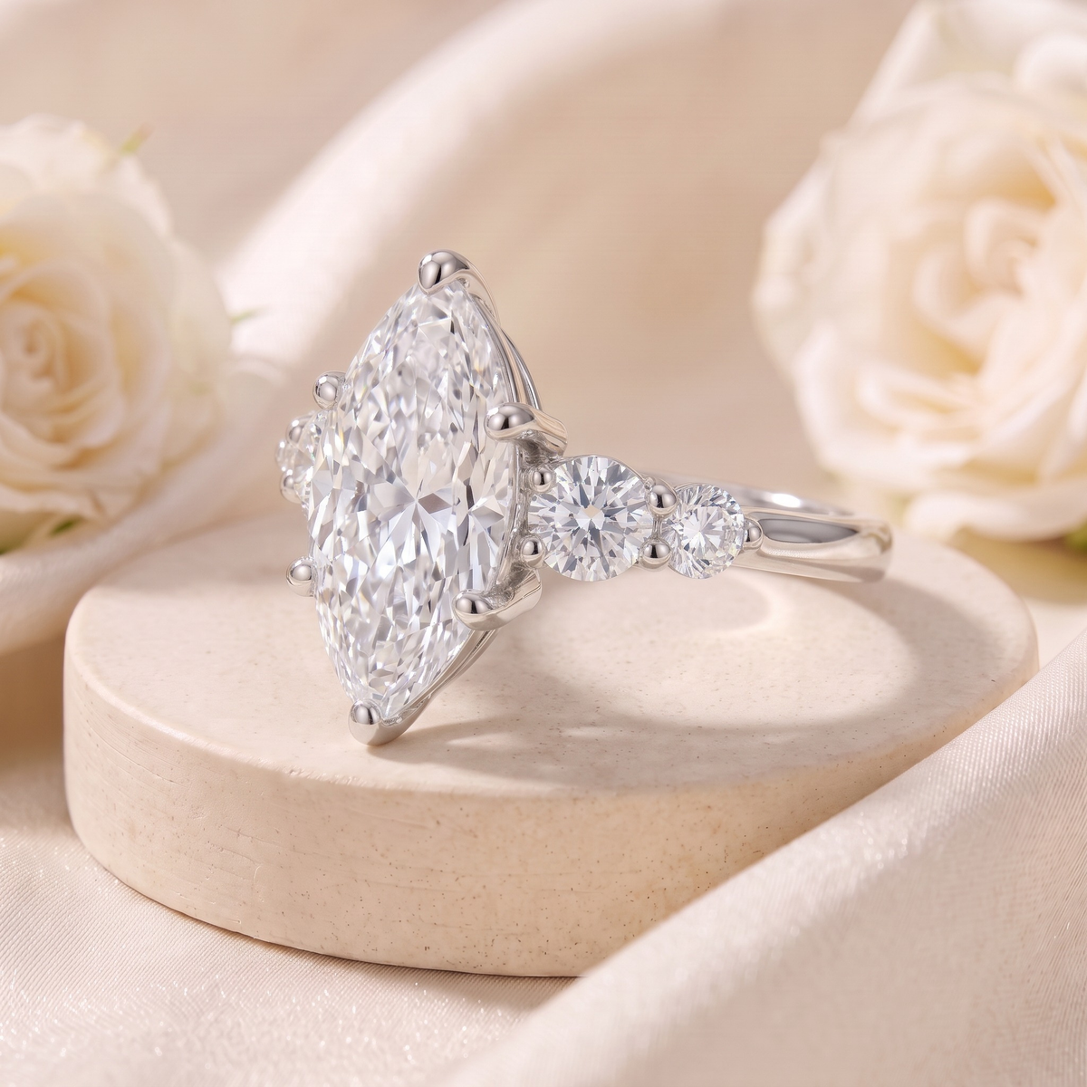 Marquise-cut moissanite ring in silver, angled view of the setting and round side stones.