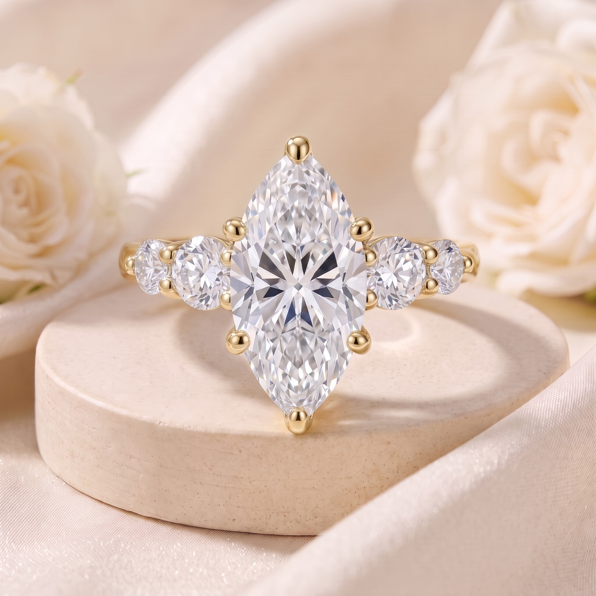 Marquise-cut moissanite ring in yellow gold with round side stones, front product view.