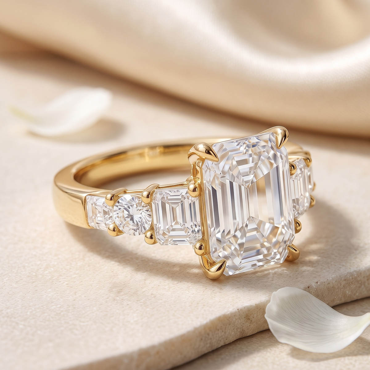 The Nora Jane emerald-cut moissanite ring in yellow gold, angled view of its alternating side stones.