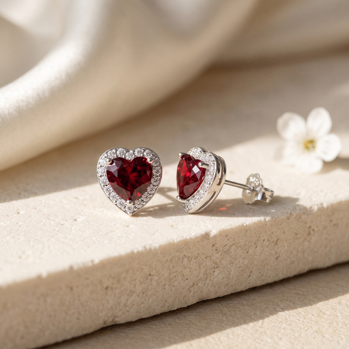 Red Diamond Heart Halo Earrings — Silver hero