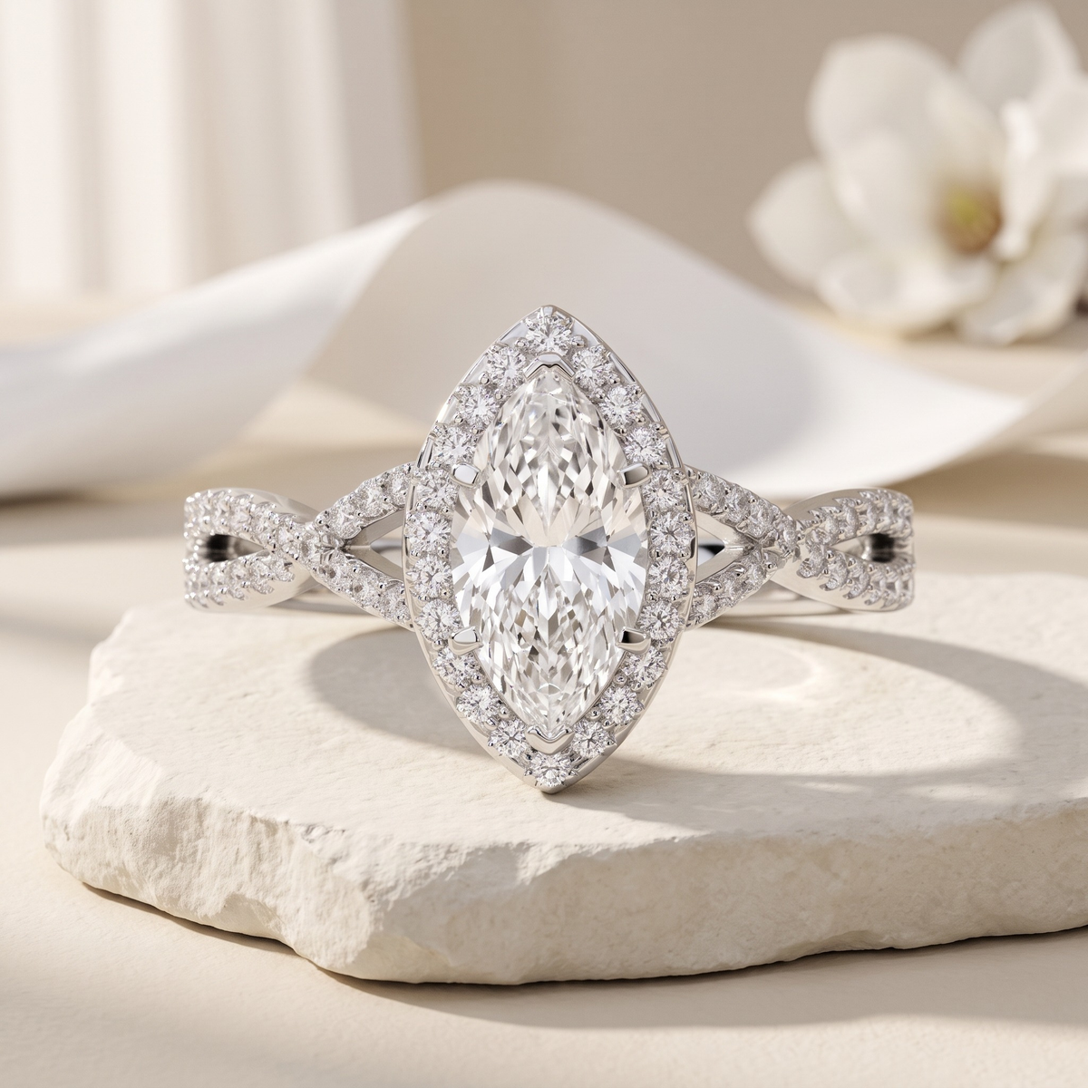 Marquise halo infinity ring in silver, isolated front view