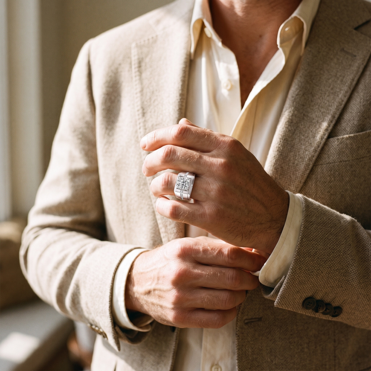 Men's bold round moissanite ring in silver, model cuff detail