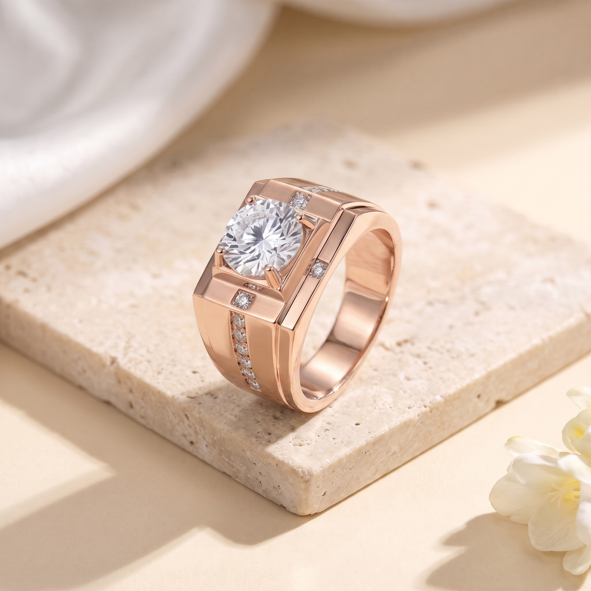 Men's bold round moissanite ring in rose gold, isolated product view