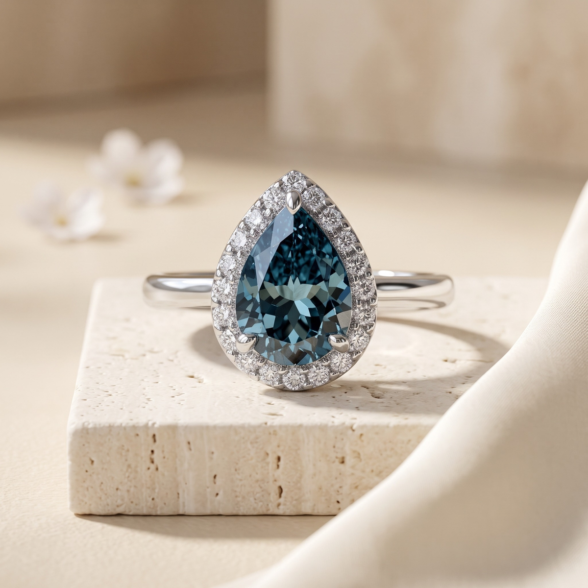 The Karina pear-cut moissanite halo ring in silver, isolated product view
