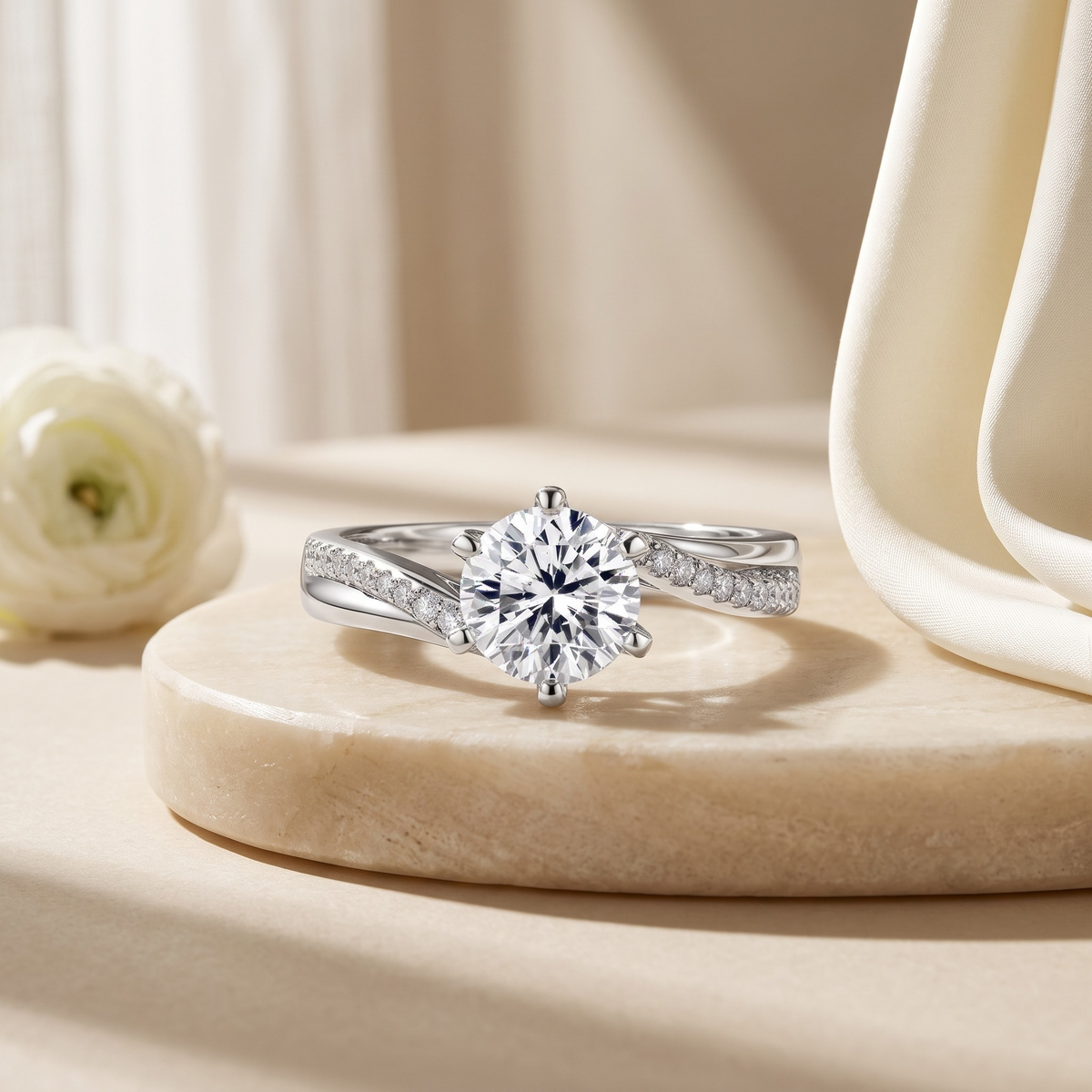 Twisting pavé round moissanite ring in silver, isolated product view