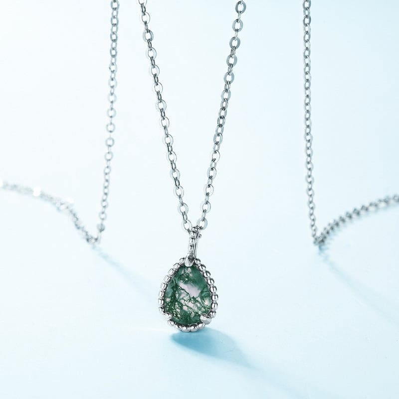 Teardrop Natural Moss Agate Basket Weave Pendant Necklace - S925 Sterling Silver