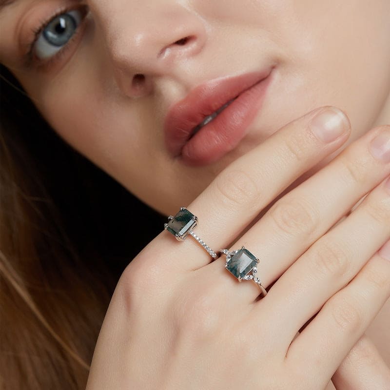 Pavé Diamonds Hexagonal Cut Natural Moss Agate Ring - S925 Sterling Silver