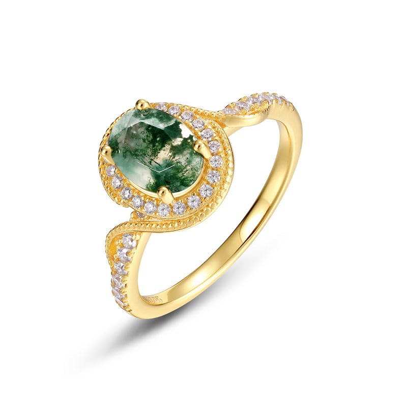 Halo Oval Cut Natural Moss Agate Pavé Gold Ring - S925 Sterling Silver