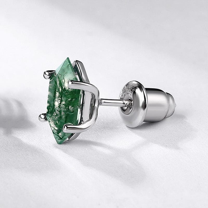 Coffin Cut Natural Moss Agate Stud Earrings - S925 Sterling Silver